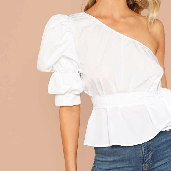 White Preppy One Shoulder Puff Sleeve Belted Solid Top - Picture 4 of 5